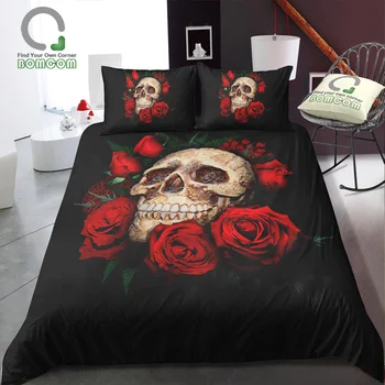 

BOMCOM 3D Digital Printing Skull Bedding Set ecorative skull and rose Duvet Cover Set 100% Microfiber