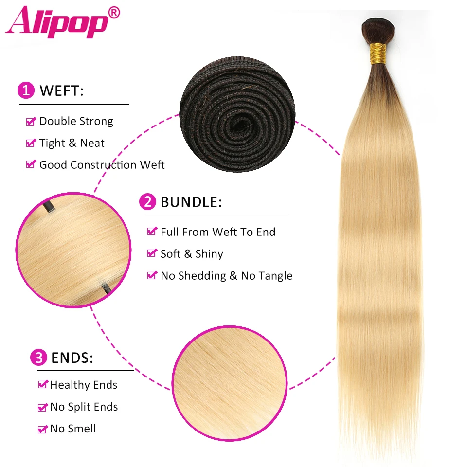 T1B 613 Bundles Brazilian Hair Straight Human Hair 3 4 Bundles Dark Roots Blonde Bundles Ombre Non Remy Hair Extensions ALIPOP  (2)