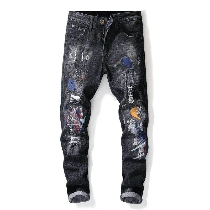 Newsosoo Fashion Men's Ripped Patched Jeans Black Distressed Denim Trousers With Patches Torn Jean Pants Patchwork Size 29-38