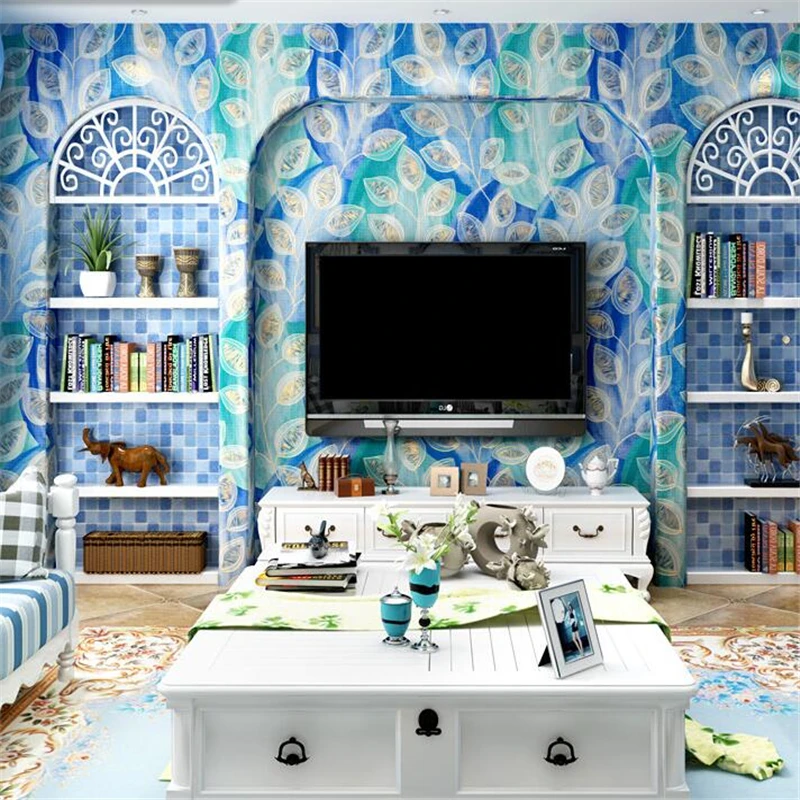

beibehang Mediterranean style wallpaper idyllic living room blue peacock feathers Southeast Asia TV background KTV 3d wallpaper