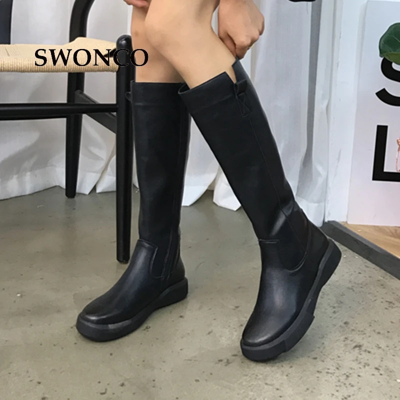 SWONCO Women's High Boots 2018 Winter Short Plush Knee-high Boot Ladies Shoes Leather Boots Women Winter Long Boots Shoes