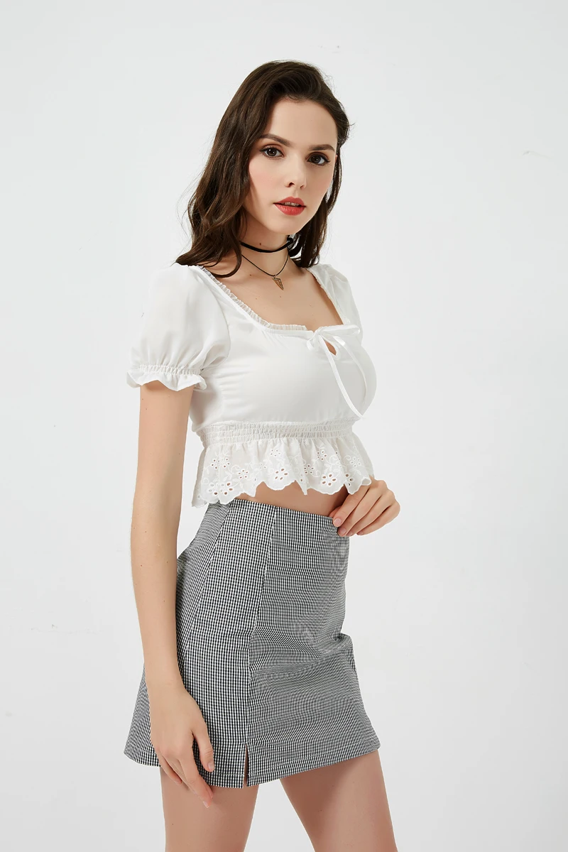 FREE SHIPPING Chiffon Crop Top Lace Short Sleeve Blouse JKPP1363