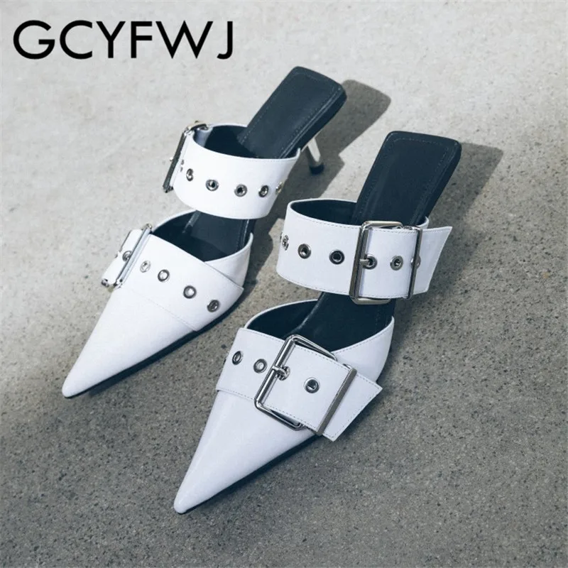 

GCYFWJ Metal Rivet Outdoor Female Slippers Double Belt Buckle Strap Locomotive Pointed Fine Heel Leather hollow Muller Slipper