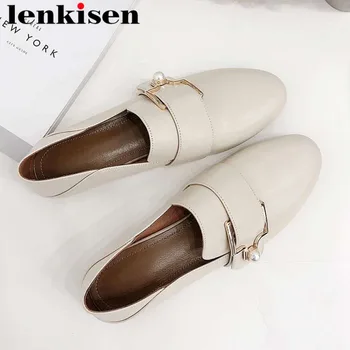 

Lenkisen 2019 full grain leather slip on metal fastener pregnant low heels solid round toe lazy woman british school pumps L7f1