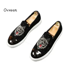 Ovxuan/мужские лоферы с блестящими стразами и вышивкой; бархатные мужские туфли с металлическим носком и волком; Роскошные Брендовые мужские туфли ручной работы; мокасины на плоской подошве