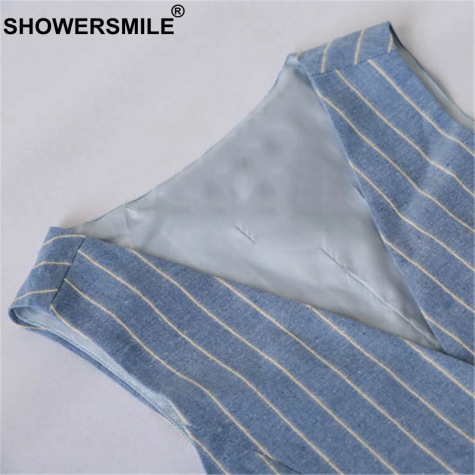 SHOWERSMILE Striped Vest Women Cotton Linen Blue Slim Fit Sleeveless Jacket Female Elegant Office Wear Autumn Vests Waistcoat