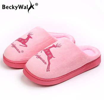 

BeckyWalk Winter Home Slippers Women Plush Slippers Flat Heel Warmer Female House Shoes Men Slippers Cotton Shoes Woman WSH3122