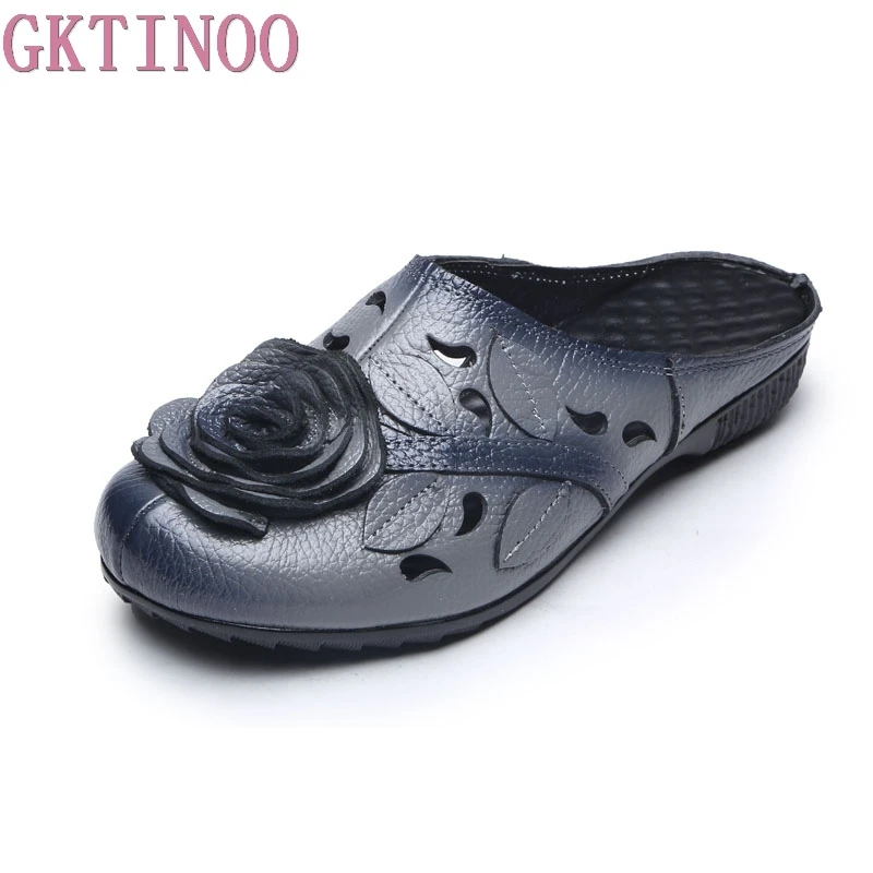 

GKTINOO 2018 Summer Genuine Leather Women Slippers Cover Toes Handmade Flower Vintage Style Women Slides Flat with Shoes
