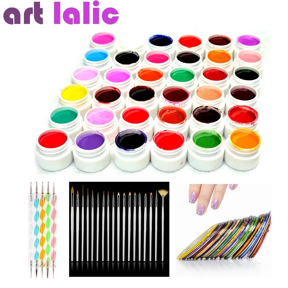 

36 Color UV Gel DIY Manicure Set Nail Art Tools Brushes Tips Dotting Polish Striping Tape Kit