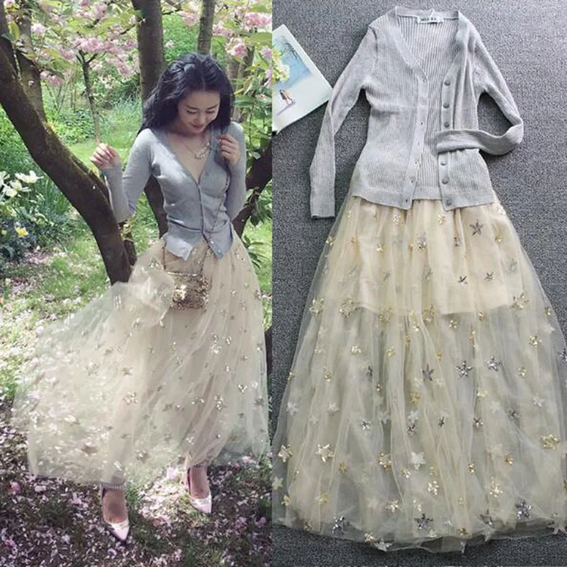 

2017 fashion Brands Long Skirt Elastic Waistline summer star pattern sequined star models Net yarn style super cents big swing