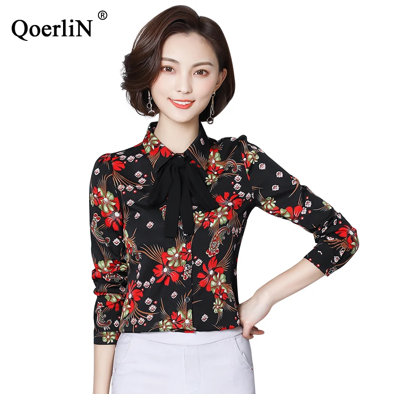 QoerliN Single Breasted Print Blouse Women Tie Long Sleeve OL Office ...