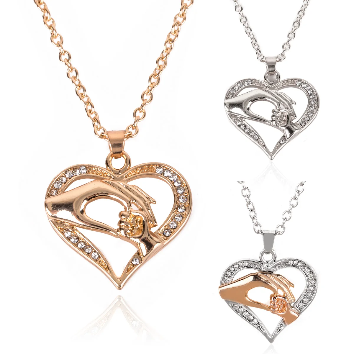 Mom Loves Baby Hand in Hand Heart Shape Charm Pendant Necklace Rose Gold Silver Link Chain Choker Women Mothers Day Gift Jewelry