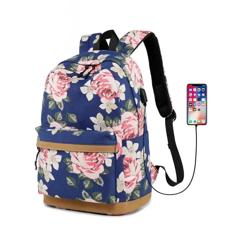 

Fashion Flower Design Backpack Female USB 19-Inch Bookbag For Student School Bags Floral Travel Rucksack Girls Backpack Mochila