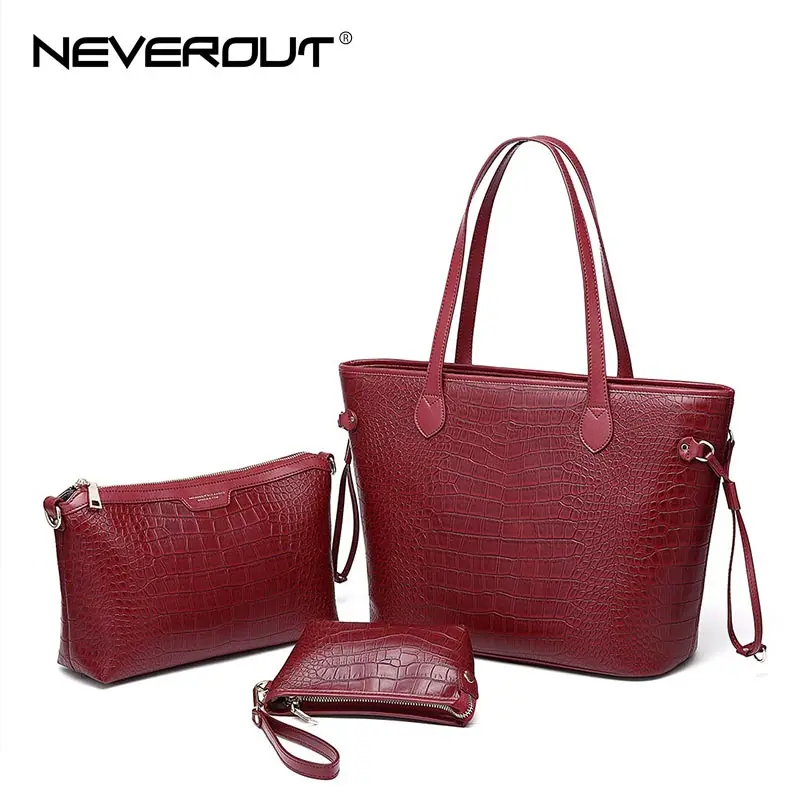 

NEVEROUT 3 Piece Composite Bag for Women Casual Top-Handle Bag PVC Leather Ladies Tote Handbags Cross Body Black/Red Purse Set