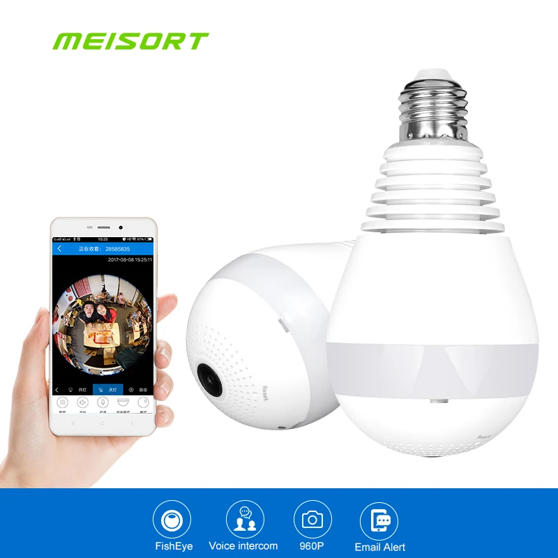Meisort VR13D Bulb LED Light Wifi IP Camera Fish-eye 960P 360 degree CCTV 1.3MP