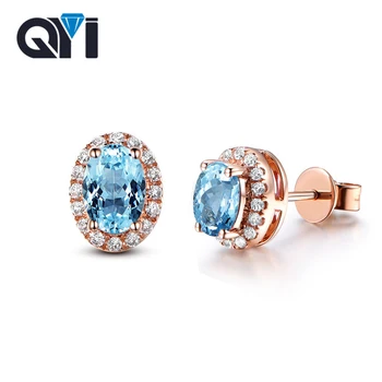 

QYI Solid 925 Sterling Silver Stud Earrings 2.5 ct Oval Cut Gemstone Jewelry For Woman Natural Sky Blue Topaz Halo Earrings