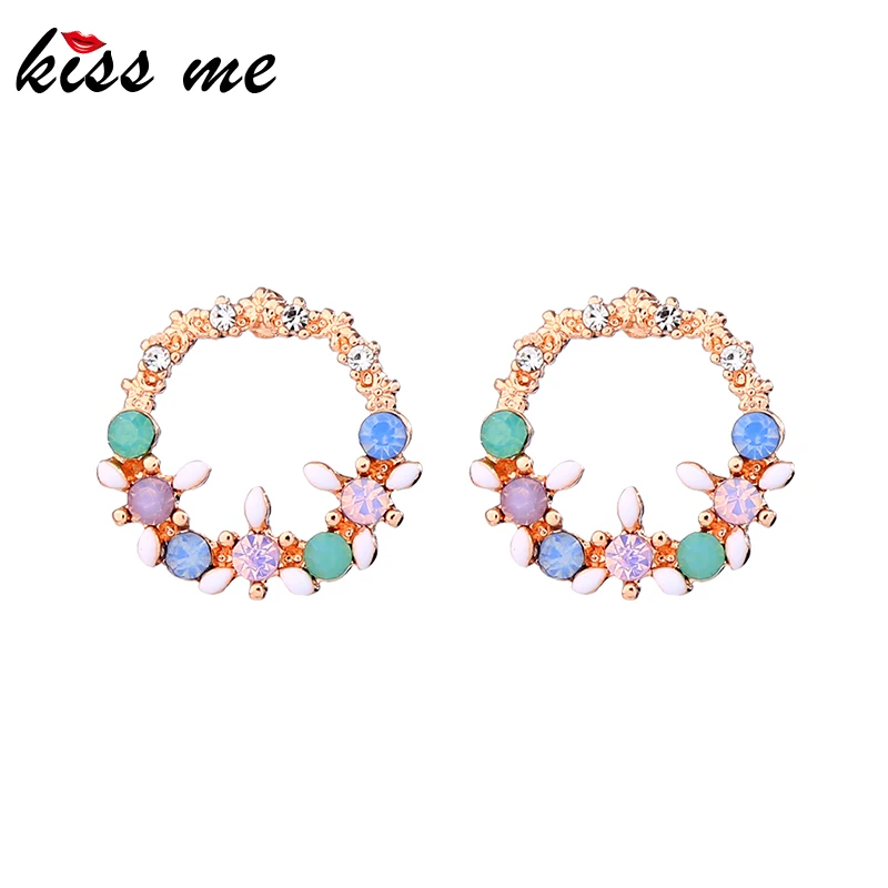 

kissme Three-type Round Circle Exquisite Crystal Enamel Stud Earrings For Women Gifts Rose Gold Color Earring Fashion Accessory
