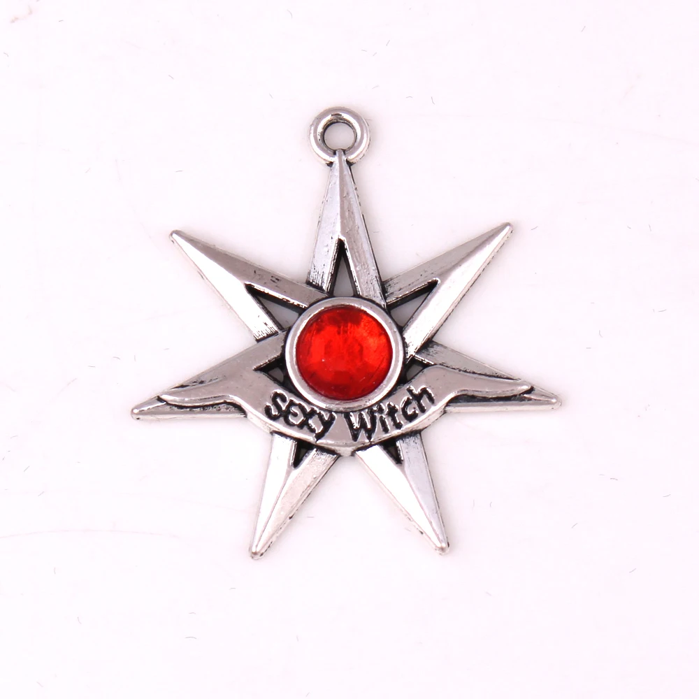 

SEXY WITCH SEVEN POINTED STAR WITH CRYSTAL SILVER HALLOWEEN PENDANT