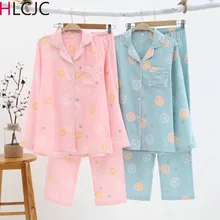 Для женщин Хлопковая пижама из маркизета комплект пижамы с длинными рукавами пижамы с надписью для Для женщин сладкие Симпатичные пижамы свежий лимон, легкая Пижама, домашняя одежда, комплект