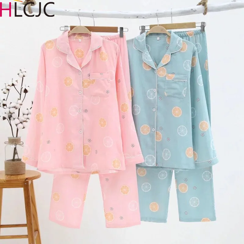 

Women 100% Cotton Gauze Pajama Set Long Sleeve Pajamas for Women Sweet Lovely Pyjamas Fresh Lemon Pijama Mujer Home Clothes Set