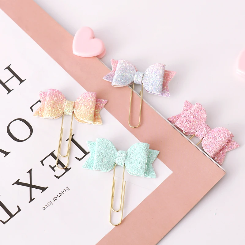 4pcs Kawaii Stationery Paper Clip Gradient Color Bow Photos Tickets Notes Letter Binder Clips Decoration Scrapbooking 10 pcs pack kawaii cactus star ice cream mini paper clips stationery metal clear photos tickets notes letter memo binder clips