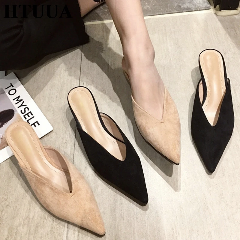 

HTUUA 2019 Summer Fashion Pointed Toe Mules Shoes Women Slippers Nude Black Thin High Heels Slides Outsides Ladies Sandal SX2757