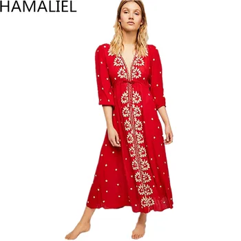 

HAMALIEL Retro Boho Chic Long Beach Dress 2018 Summer Women Red Embroidery Floral Cotton Holiday Sexy Deep V Neck Maxi Dresses