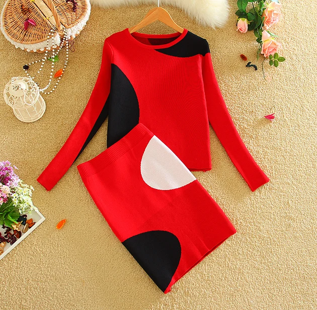 

2019 Spring Fall New Women Knit Skirt Suits Geometric Pattern Women Sweater Top and One Step Knited Skirt Sets Red LY591