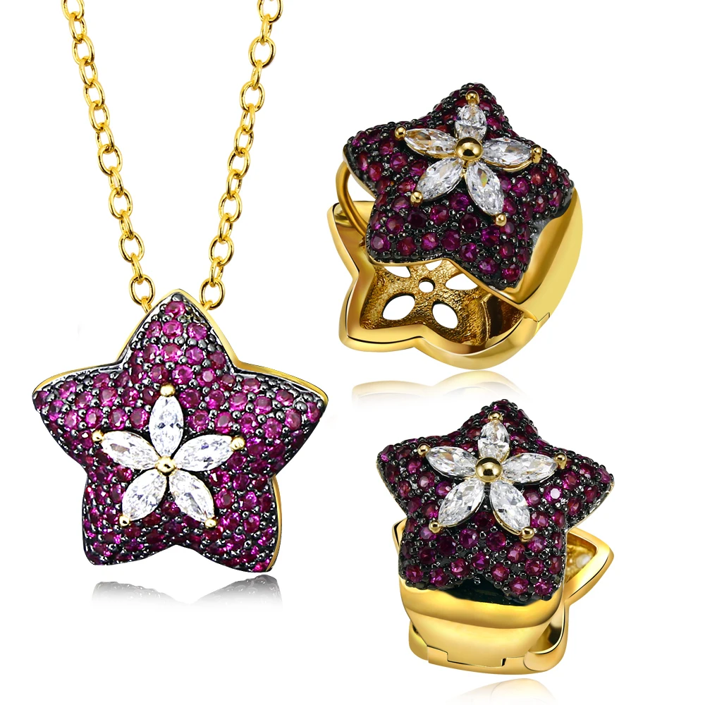 

Red Color Trendy Star Elegant CZ Crystal Jewelry Sets Gold Color adn White Color ubic Zircon Necklace &Earrings Birthday Gift