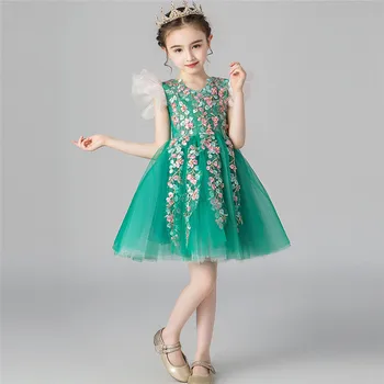 

2019Summer New Fashion V-collar Baby Kids Embroidery Flowers Evening Birthday Party Puffy Dress Little Girls Piano Costume Dress