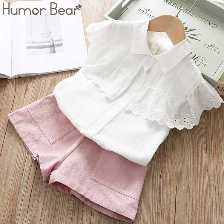

Humor Bear 2019 Brand New Summer Fashion Girl Clothes Suit Lace Collar Short-Sleeved T-Shirt+Shorts 2PCS Set Baby Girls Clothing