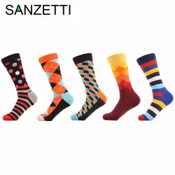 SANZETTI 5 пара/лот Для мужчин Красочные забавные Happy Socks штраф пункте полосой Diamond клетчатый хлопок Повседневное экипажа носки