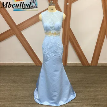 

Mbcullyd Blue Bridesmaid Dresses Long Two Pieces Applique Lace Cheap Floor Length Wedding Bridesmaid Gown Formal robe de soiree