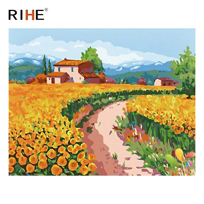 

RIHE Golden Flower Land Diy Painting By Numbers Abstract Village Oil Painting On Canvas Cuadros Decoracion Acrylic Wall Picture