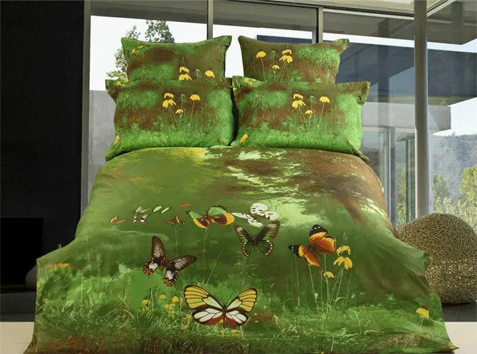 Green nature butterfly spring 3d oil painting 100 cotton duvet covers 4pc bedding Queen/Full Size | Дом и сад