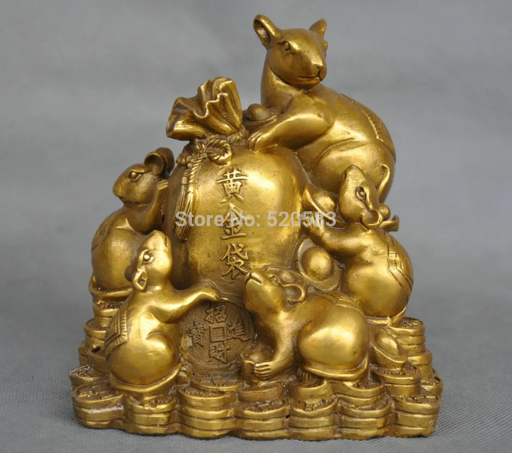 

5" China Zodiac Five Rat Mouse Money Coin Bag Bronze Statue