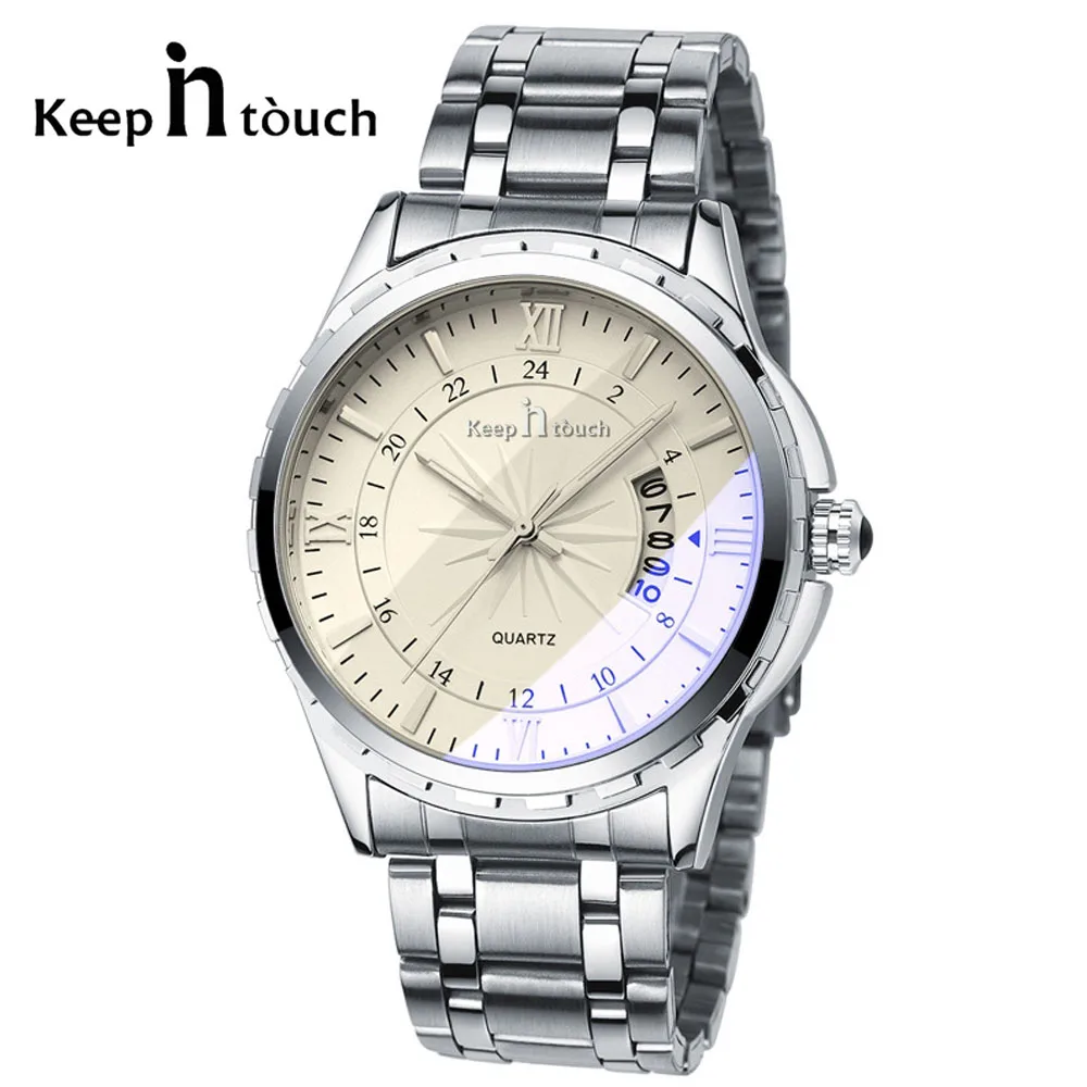 KEEP IN TOUCH часы мужские модные повседневные водонепроницаемые Брендовые мужские кварцевые часы с календарем Серебристые Металлические наручные часы для подарка - Цвет: white