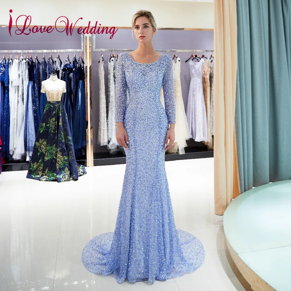 

iLoveWedding Most Beautiful Long Sleeves Evening Gowns Lilac Tulle Beadings Sexy O Back Mermaid Evening Dresses 2018