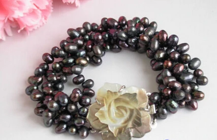 

001583 beauitful 4Strands 8" baroque black rice Freshwater pearl bracelet bangle shell Natural >>free shipping