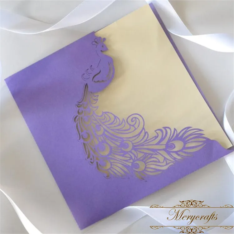 

Romantic wedding purple color laser cut peacock wedding invitation card