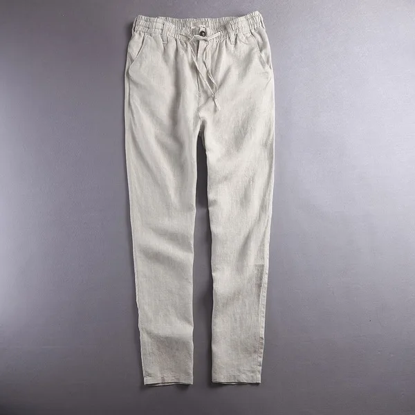 Льняные брюки мужские летние из чистого льна мужские брюки однотонные белые брюки мужские модные весенние осенние брюки мужские Брендовые брюки - Цвет: linen color