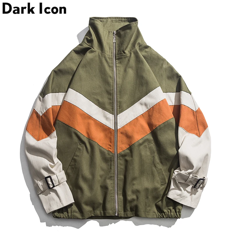 

Dark Icon Color Block Buckle Sleeve Stand Collar Jacket Men Autumn High Street Oversized Outwear Men's Jackets