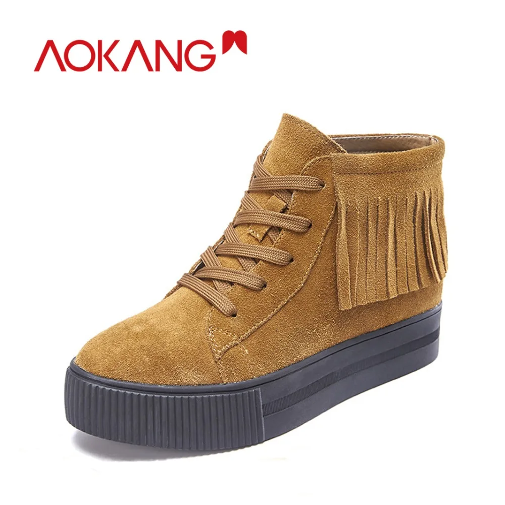 

AOKANG 2018 New Women winter boots Shoes flat ankle low thick heel cow suede fringes lace up fashion ladies solid casual shoes