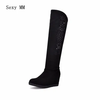 

Spring Autumn Women Knee High Boots Wedges Height Increasing Woman Thigh High Boots Ladies Shoes Plus Size 34-40.41.42.43