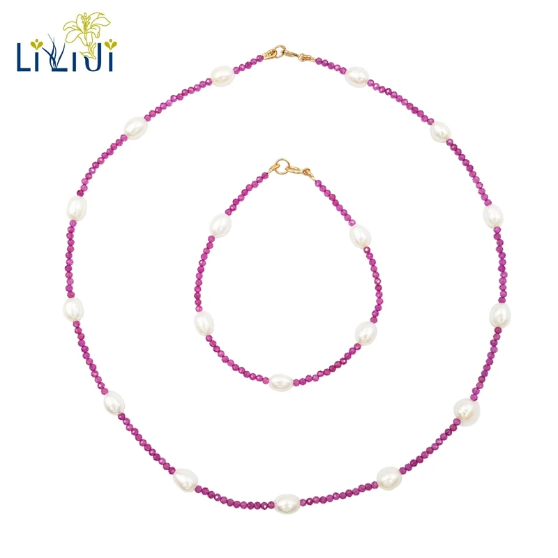 

Lii Ji Lab-created Ruby Freshwater Pearl 925 Sterling silver Necklace Bracelet Jewelry Set Party Gift