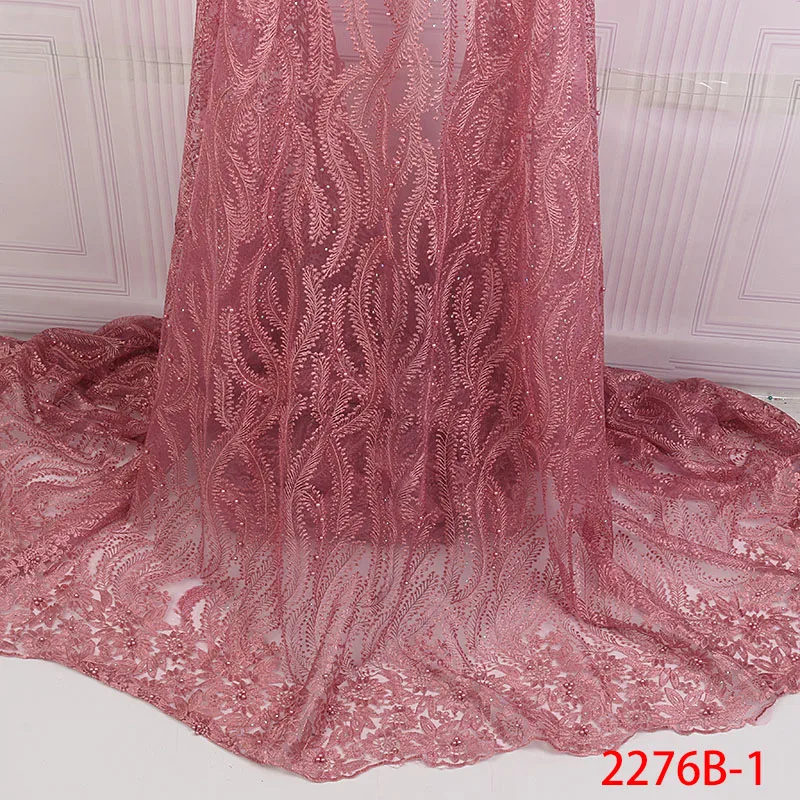 

African French Tulle Net Lace Fabric Stones with Beads Fashion Nigerian Wedding African Mesh Lace Fabrics For Dress XZ2276B-1