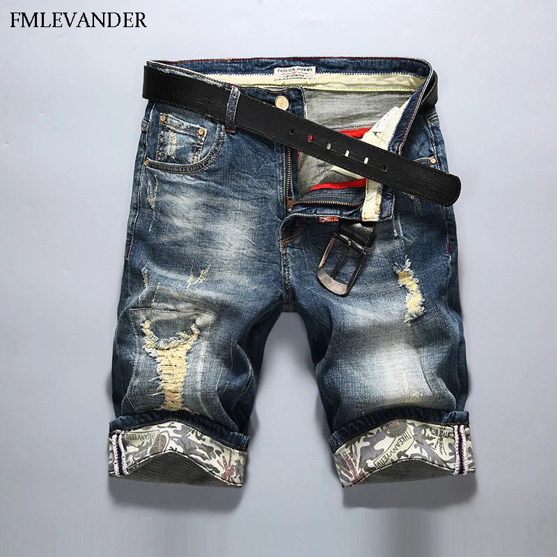

High Quality Ripped Denim Short Straight Pants Trousers Homme Men Jeans