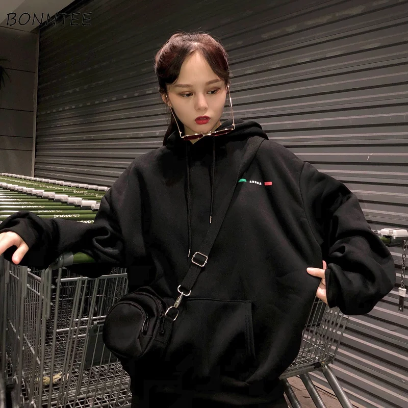 Comprar Sudaderas con capucha para mujer grueso cálido divertido estampado de dibujos animados bolsillo de moda coreano suelto Simple todo fósforo señoras sudadera Casual para mujer suave