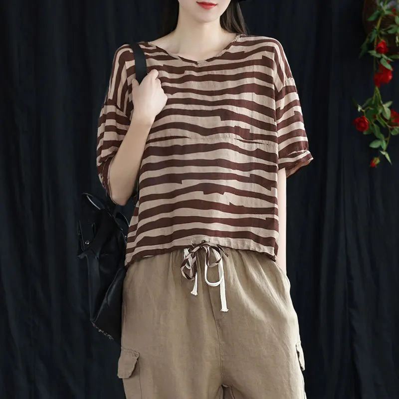 

Summer Style Women T Shirt Plus Size Short Sleeve Loose Drawstring Design Casual Tee Shirt Femme Cotton Linen Striped Tops D84