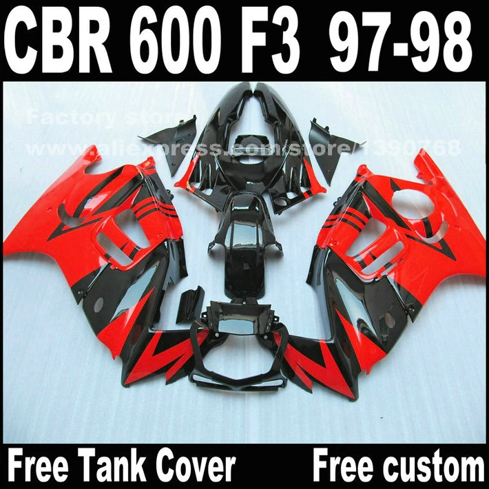 

Custom free Motorcycle parts for HONDA CBR 600 F3 fairings 1997 1998 CBR600 F3 97 98 black red body repair fairing kit W2